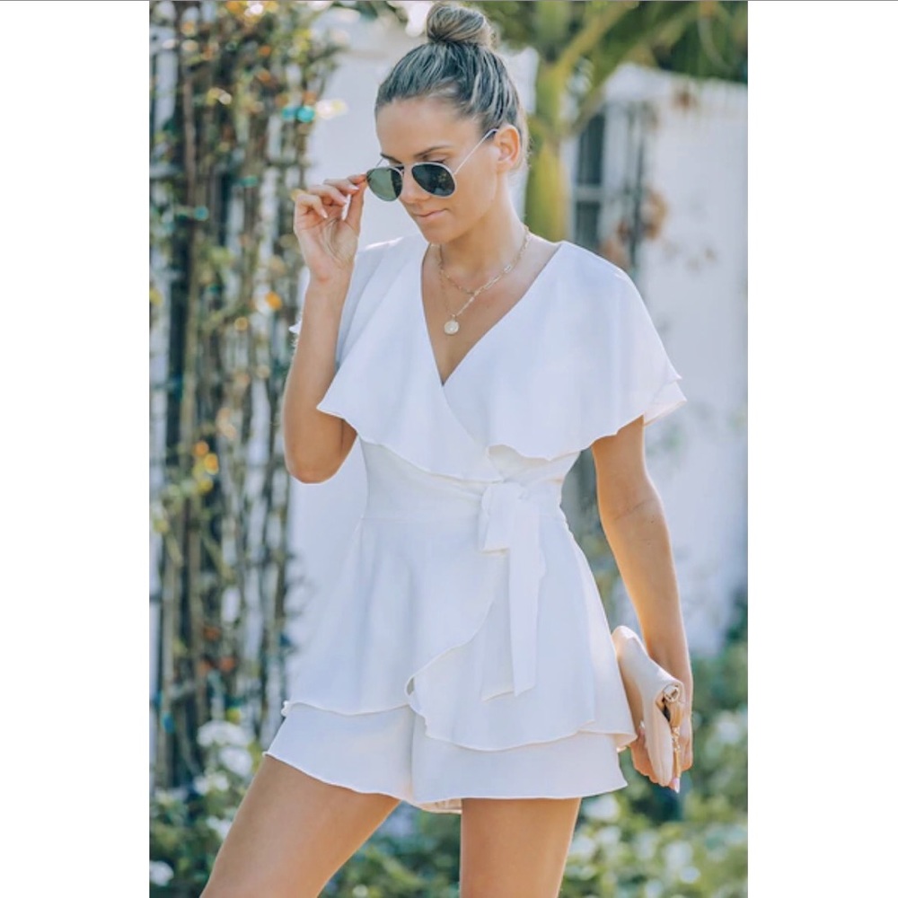 Vestique white surplice wrap romper